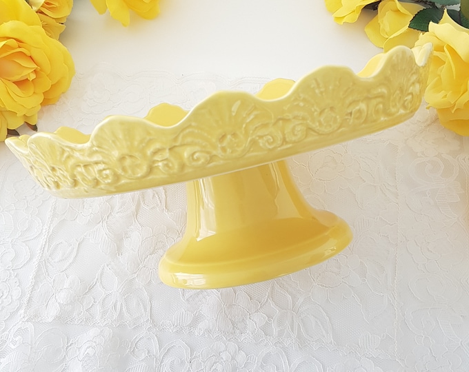 Yellow Farval Ceramic Pedestal Cake Stand with Upturned Rim, Made in Portugal