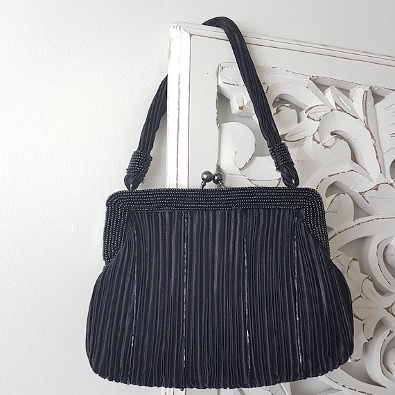 Vintage Jessica McClintock Black Beaded Evening Bag Pleated Satin Clutch Purse Formal Handbag