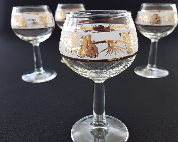 Vintage Libbey Gold Pine Cones on Frosted Glass, Set of 4 Mid Century Wine Glasses