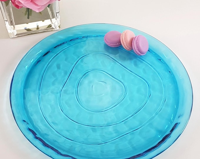 Vintage Turquoise Glass Round Tray 13 Inch - Decorative Serving Plate for Cheese, Charcuterie, Display