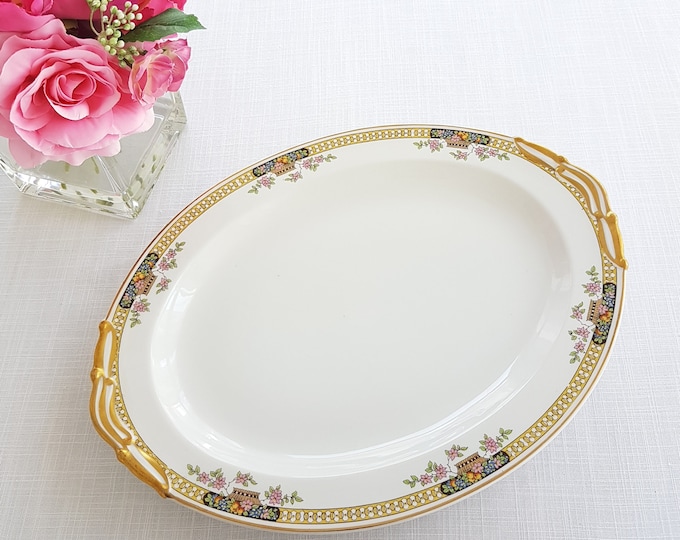 Bernardaud Limoges WINTON Serving Platter, 15 Inch, Fruit Flower Basket, Yellow Band, Black Ovals, Made in France