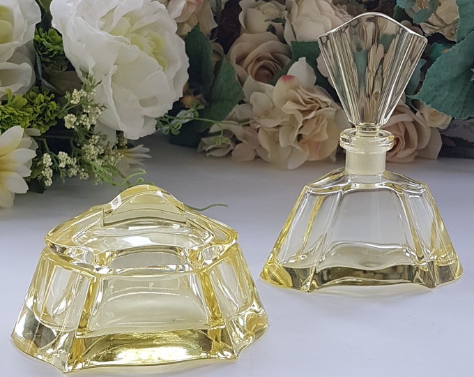 Glass Perfume Bottle with Stopper & Jewelry Box, Vintage Art Deco Yellow Glass Vanity Storage, Perfume Gift for Her