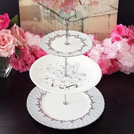 Handmade Vintage Foley Wedgwood Bone China 3-Tier Cake Stand Gray Silver Bridgerton Bespoke Gift