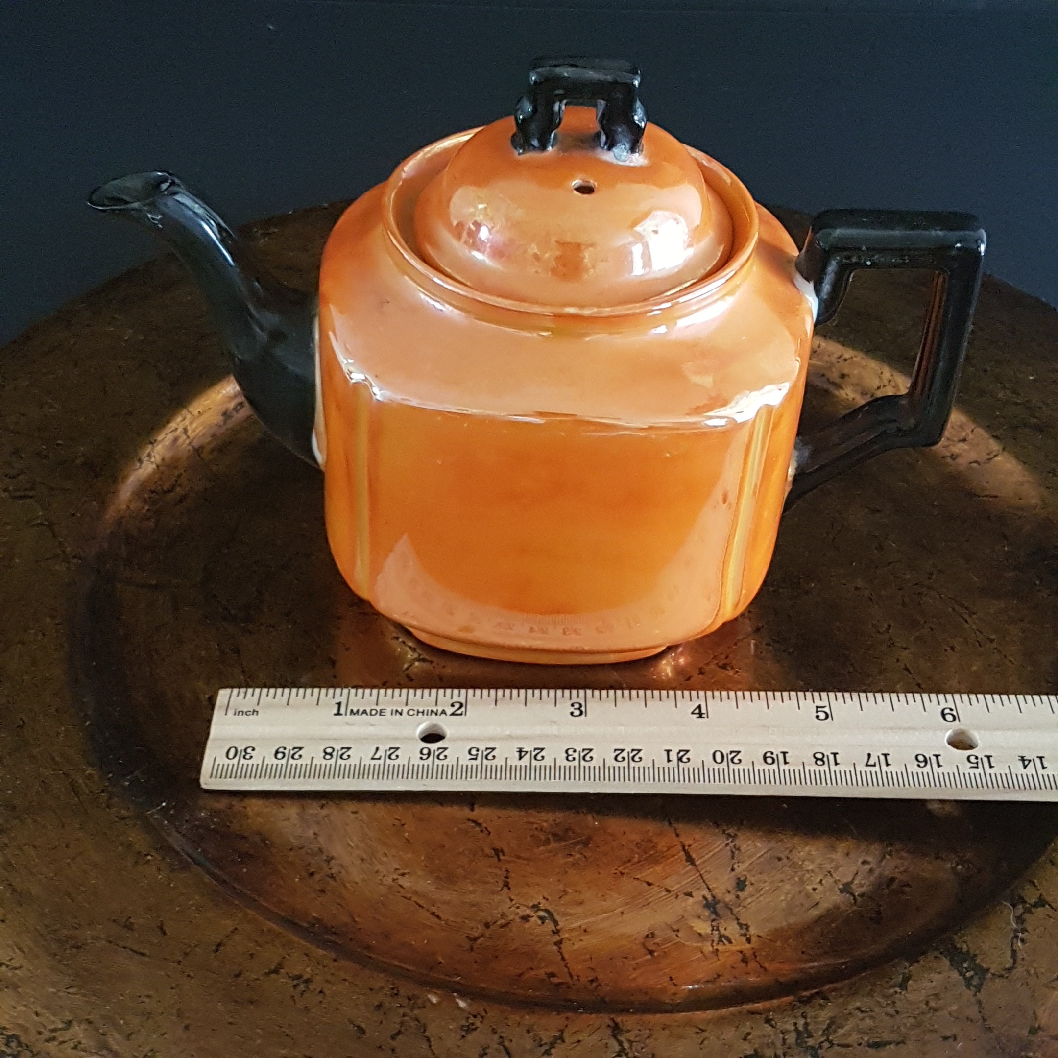 3 Cup Vintage Orange Luster Ware Teapot with Black Spout, Black Handles