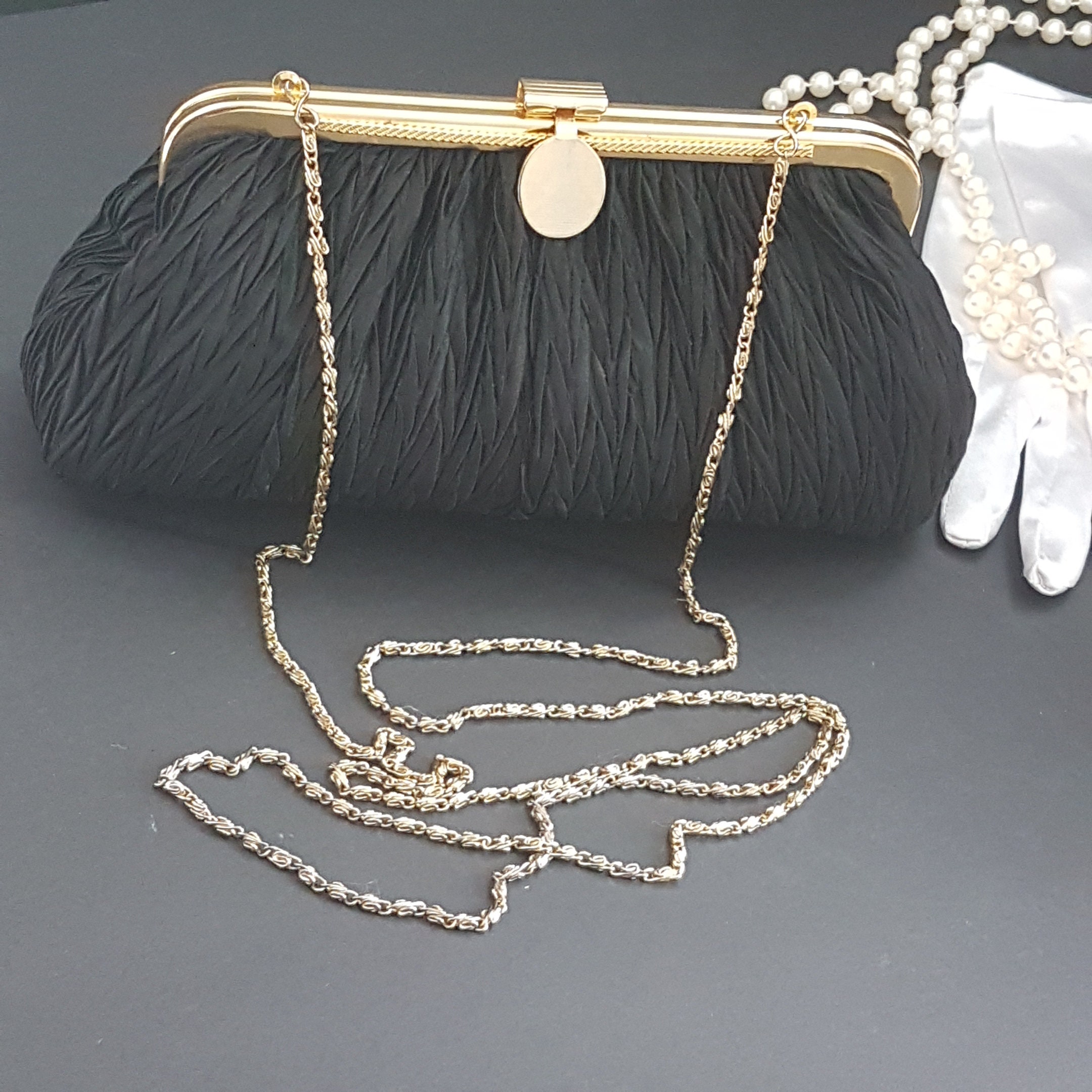 Black Evening Bag by Goldco, Vintage Hang From Shoulder Purse Converts