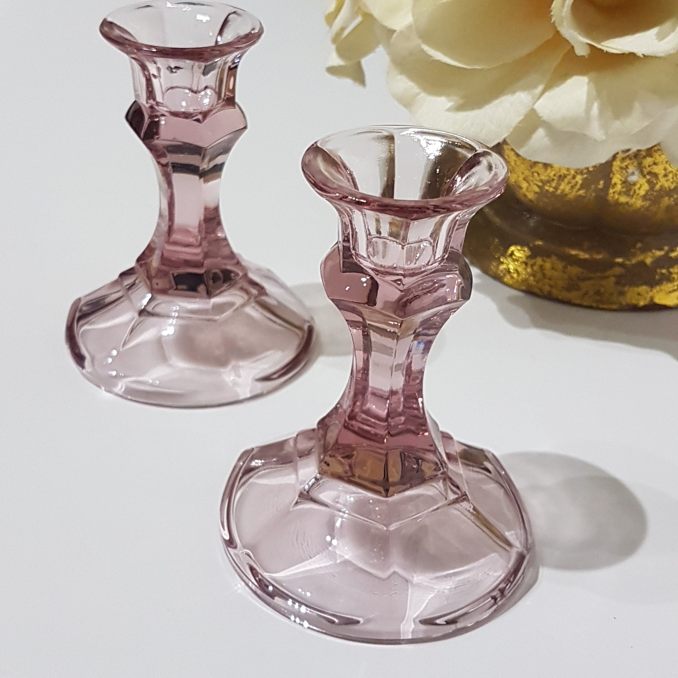 Pair of Vintage Pink Glass Candlestick Holders, Pink Glass Tapered
