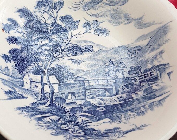 Vintage Wedgwood Countryside Blue Transferware Soup Bowls - 1960s English Ironstone Set of 3