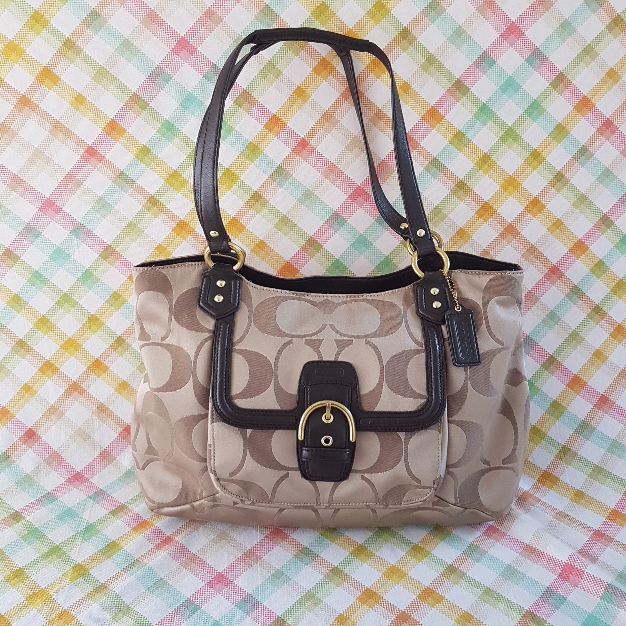 Vintage COACH Bag Signature Carryall Shoulder Bag Beige Brown Sateen Leather Trim