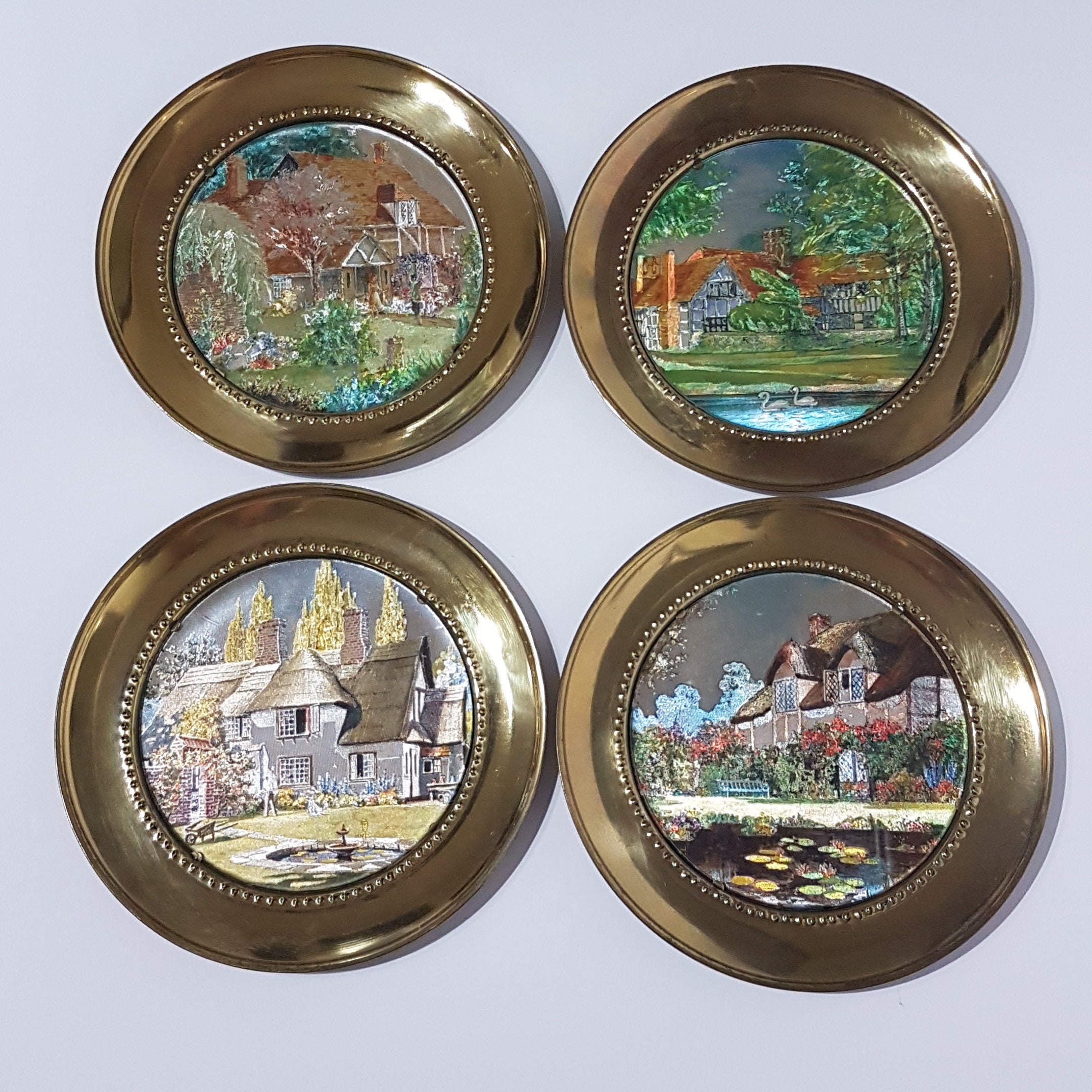 Set of 4 English Cottage Garden Foil Art Picture Set with Brass Rounds