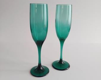 Libbey Juniper Green Teardrop Champagne Flutes Teal Cocktail Glasses