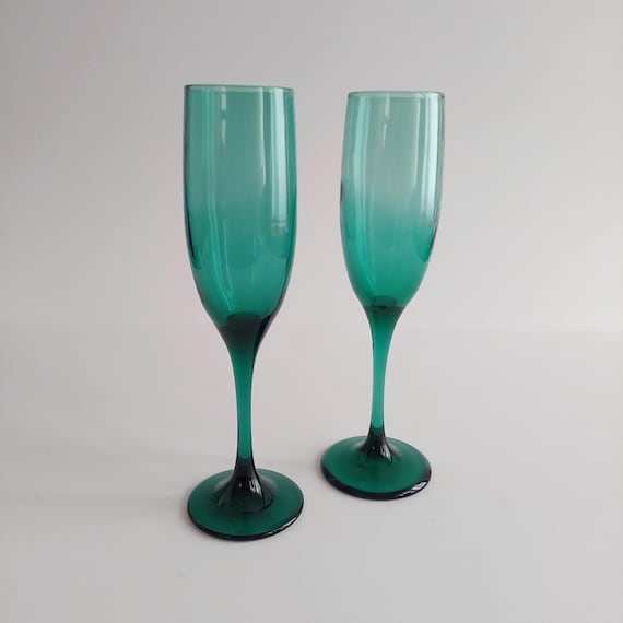 Libbey Juniper Green Teardrop Champagne Flutes Teal Cocktail Glasses Vintage Barware Stemware
