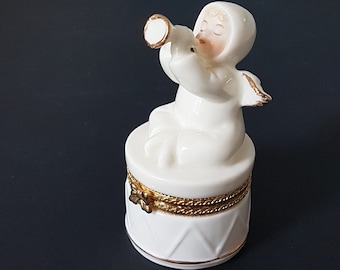 Vintage Jewelry Box, Angel Blowing Trumpet, Formalities by Baum Bros, Ivory Porcelain Angel Christmas Ring Box