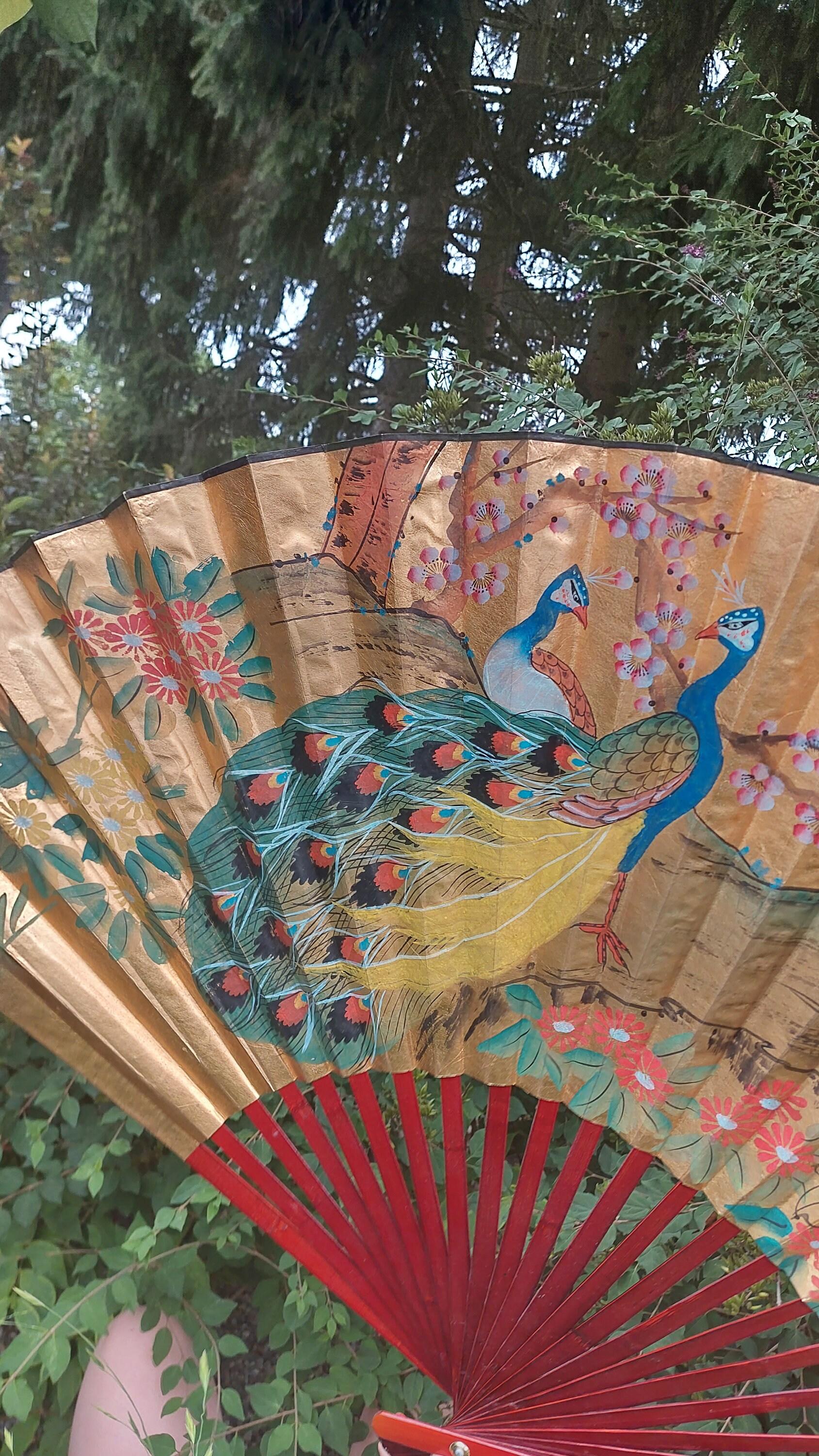 Vintage Large Japanese Decorative Wall Fan, Hand Painted Peacocks and
