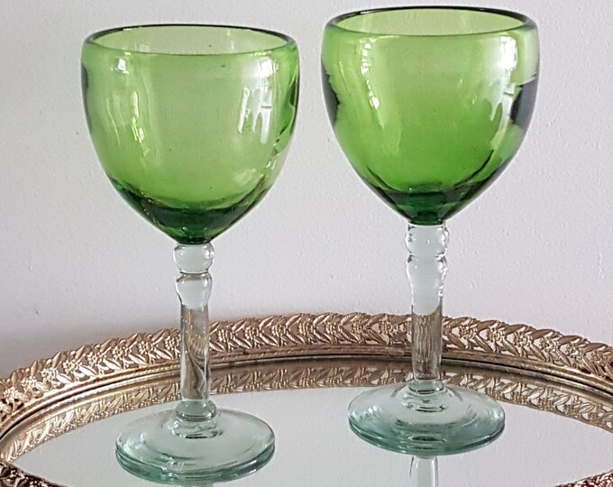 Set of 2 Green Blown Glass Wine Glasses, 12 oz Green Glass Cup, Clear Stem