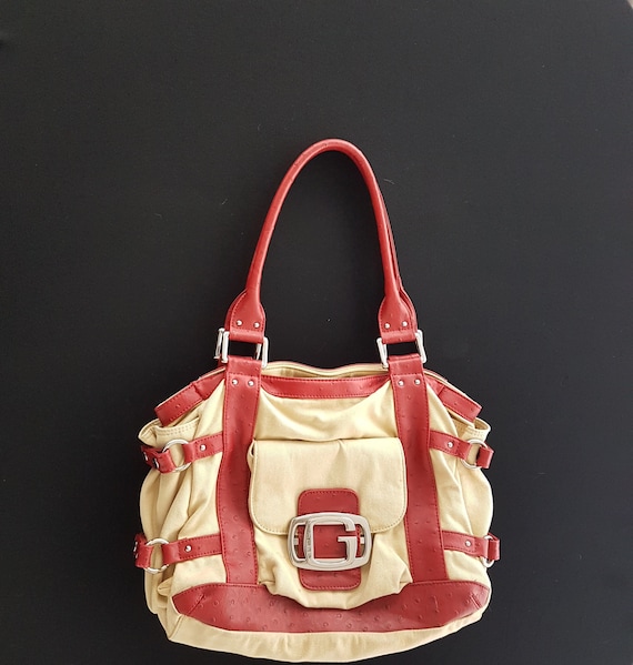 GUESS Beige Canvas With Red Faux Ostrich Leather Multi 