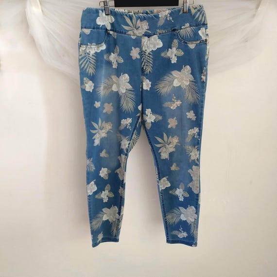Vintage Hue Tropical Orchid Hi Waist Denim Jeggings Floral Print XL