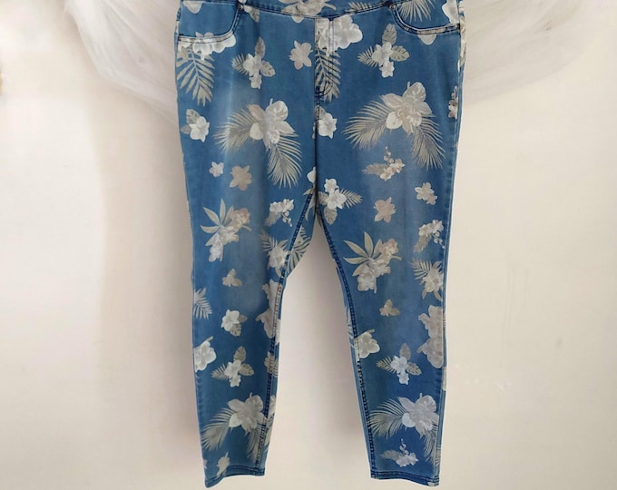 Vintage Hue Tropical Orchid Hi Waist Denim Jeggings Floral Print XL