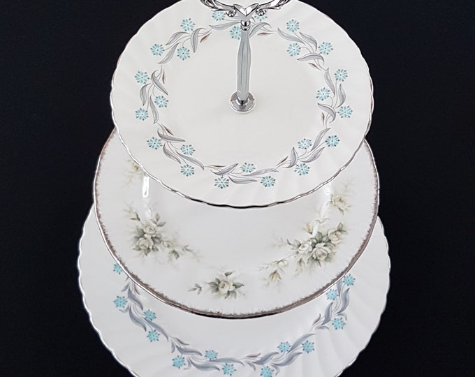 3 Tier Cake Stand, Mismatched English Bone China Plates, Paragon, EB Foley, Blue White Flowers, Silver Platinum Cupcake Stand