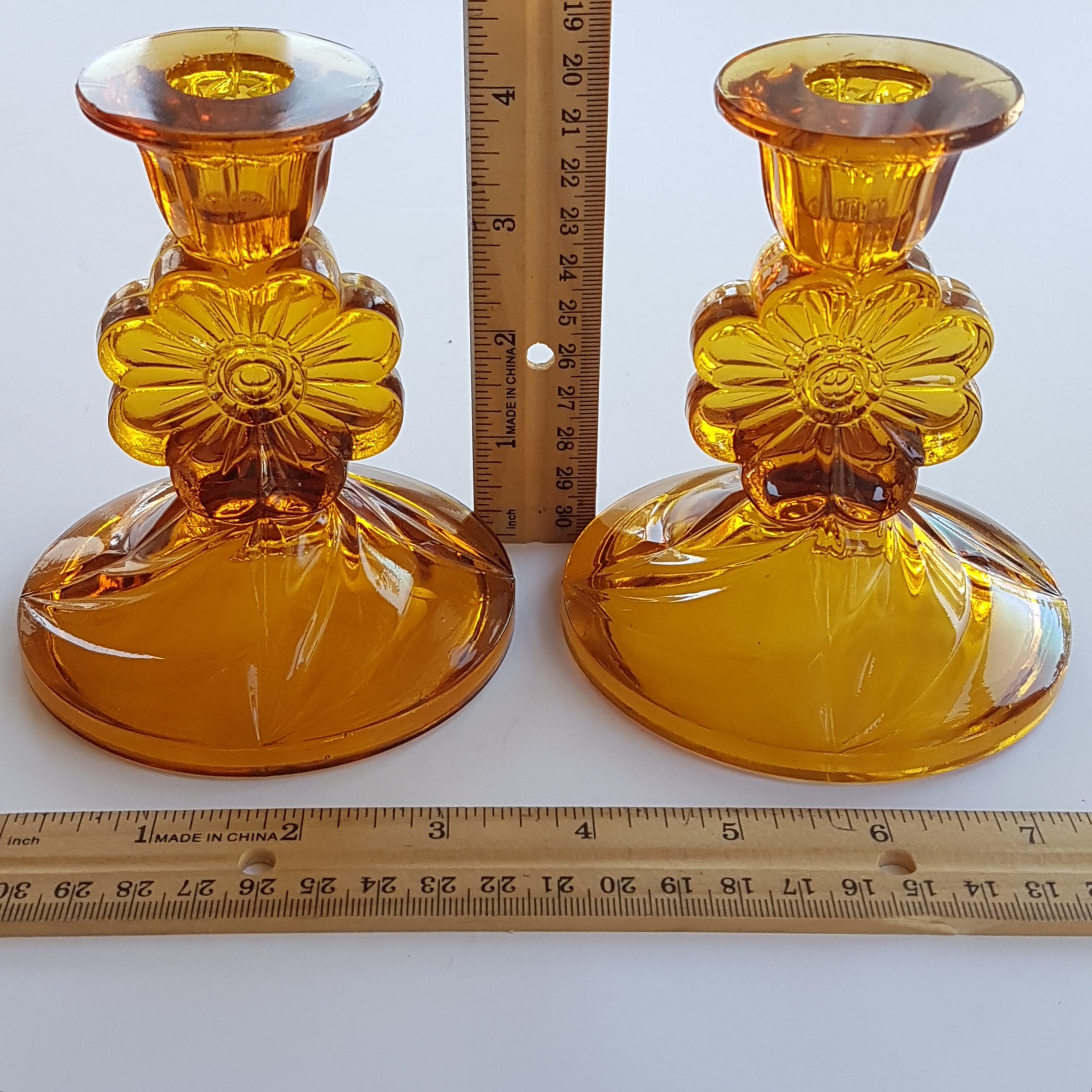 Amber Glass Candlesticks, Daisy Flower Stem, Bagley Glass, Made in USA