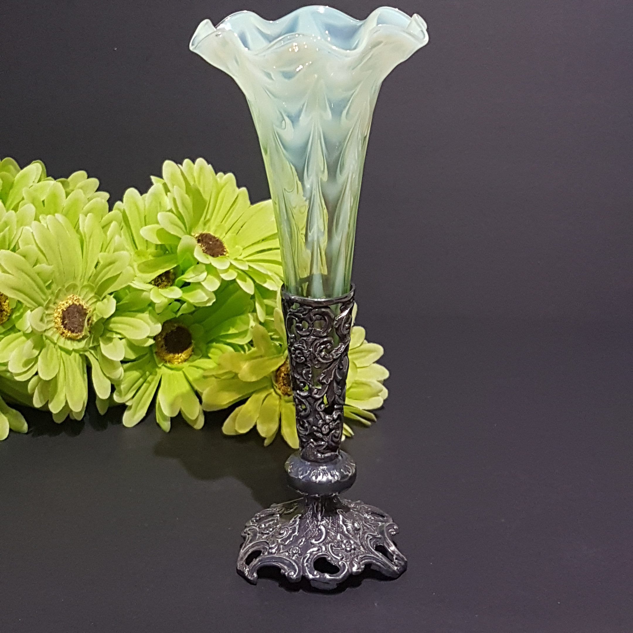 Vintage Trumpet Bud Vase Green & White Art Glass Insert with Metal