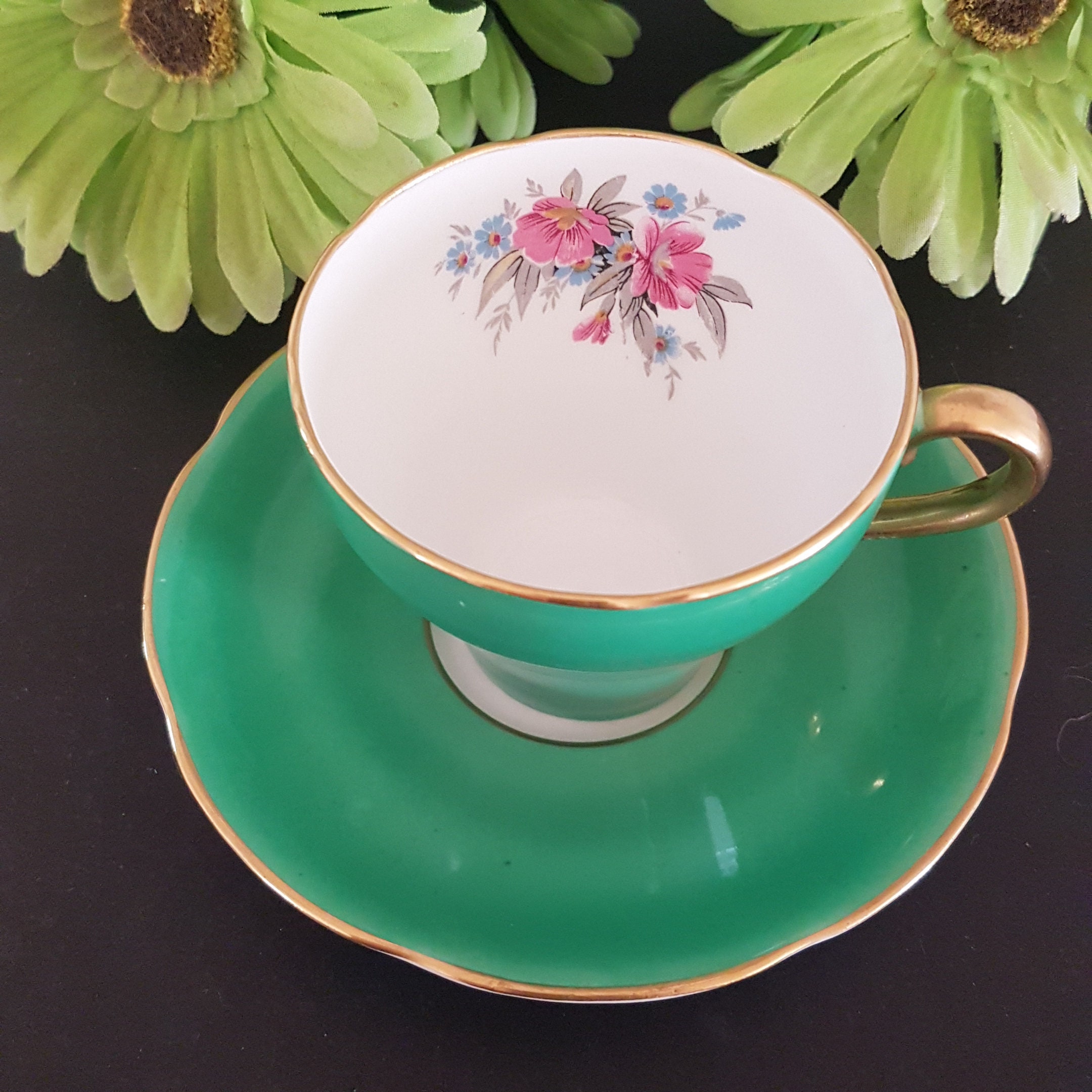 Vintage Adderley Green Tea Cup & Saucer, Floral Bouquet, Bone China