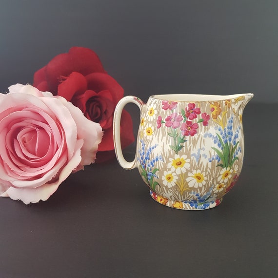 Vintage Marguerite Creamer 1930s English Chintz Pottery Milk Jug Gold Trim