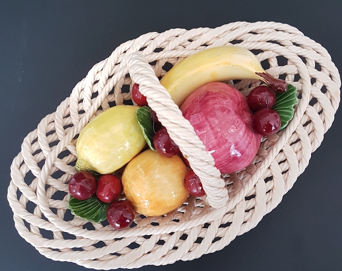 Ceramic Fruit in Basket, Handmade Twisted Rope Ceramic Basket, Hand Painted Fruit, Made in Italy, MCM Table Decor Centerpiece