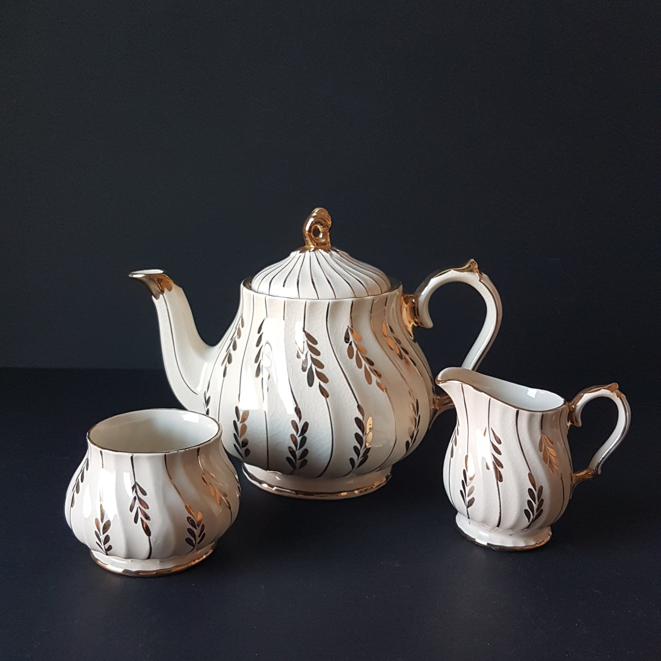 Vintage Sadler Teapot Creamer Sugar Bowl Tea Set, Ivory Swirled, Gold
