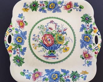 Masons STRATHMORE Blue Transferware, Vintage Ironstone Square Platter with Handles, Made in England
