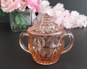 Pink Depression Glass Sugar Bowl with Lid Jeanette Windsor Diamond Pattern