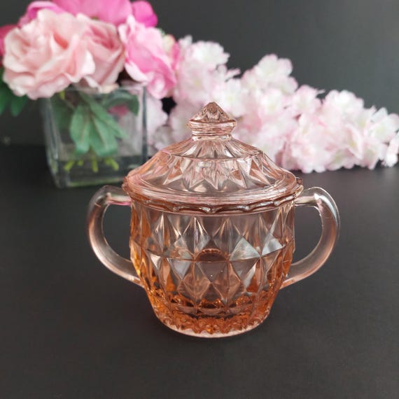 Pink Depression Glass Windsor Diamond Lidded Sugar Bowl, Jeannette Glass 1930s Retro Kitchenware
