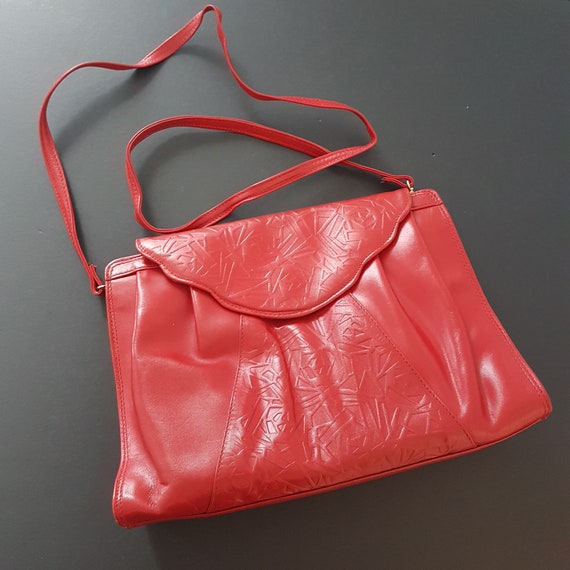 Vintage Italian Red Leather Shoulder Bag with Removable Strap - Convertible Clutch Purse