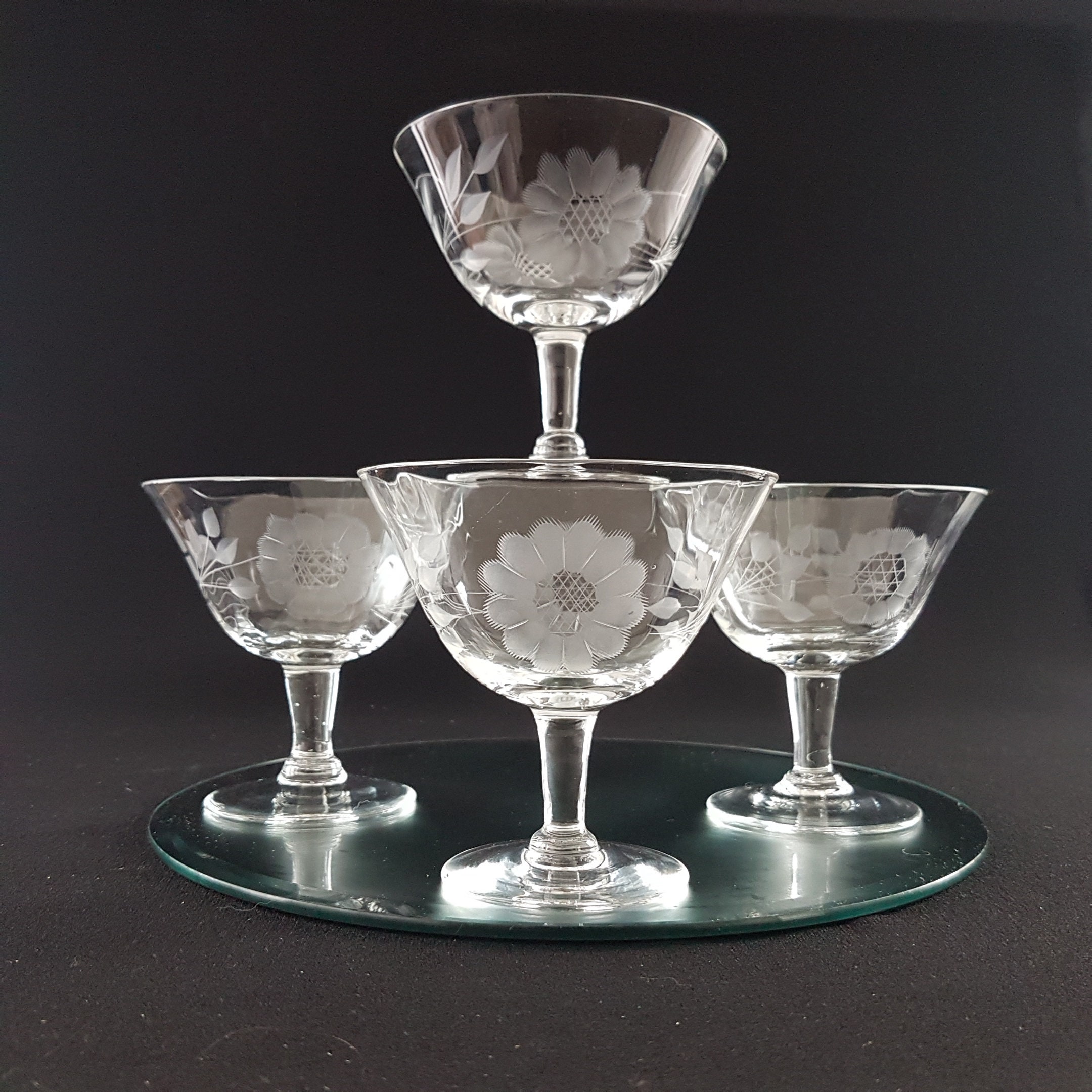 WJ Hughes Cornflower Crystal Coupe Champagne Glasses Optic Etched 12 WJ Hughes Cornflower Crystal Coupe Champagne Glasses Optic Etched 12