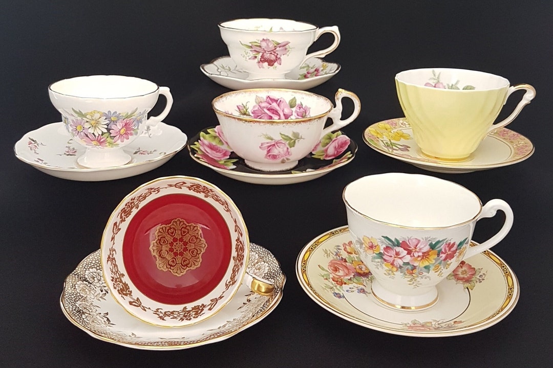 Mismatched Tea Cups, Set of 6 Bulk Vintage Teacups and Saucers, All