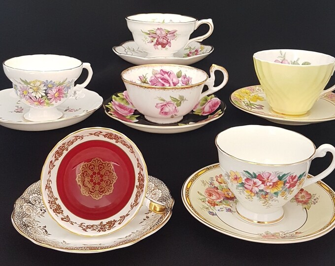 Mismatched Tea Cups, Set of 6 Bulk Vintage Teacups and Saucers, All Unique, All Made in England