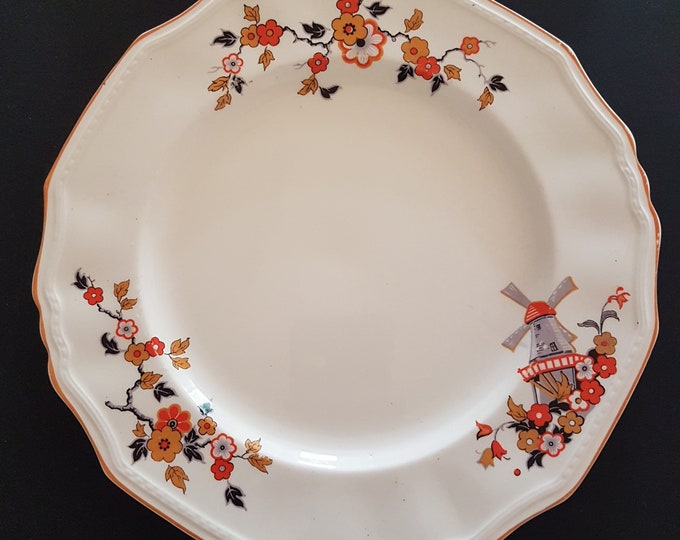 Alfred Meakin Marigold DELICIA 10" Dinner Plates, Set of 2, Astoria Shape, Art Deco, Windmill, Orange Flower, England, 1930's