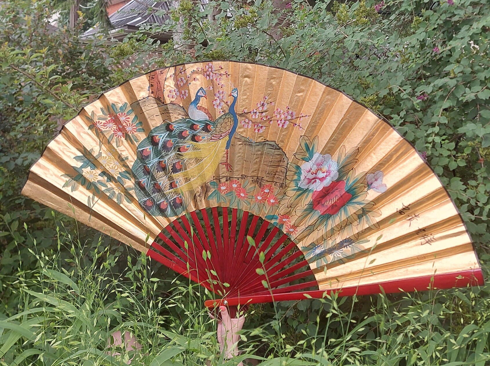 Vintage Large Japanese Decorative Wall Fan, Hand Painted Peacocks and