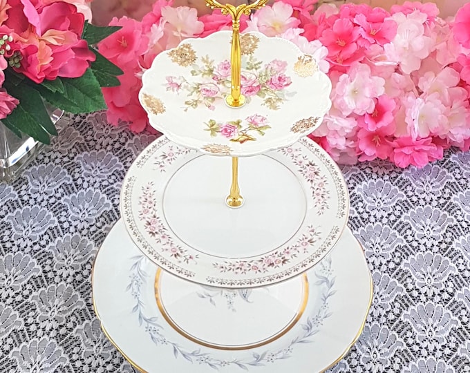 Elegant 3-Tier Gray & Pink Rose Cake Stand | Bridgerton-Inspired Dessert Serving Tray for Weddings and Tea Parties