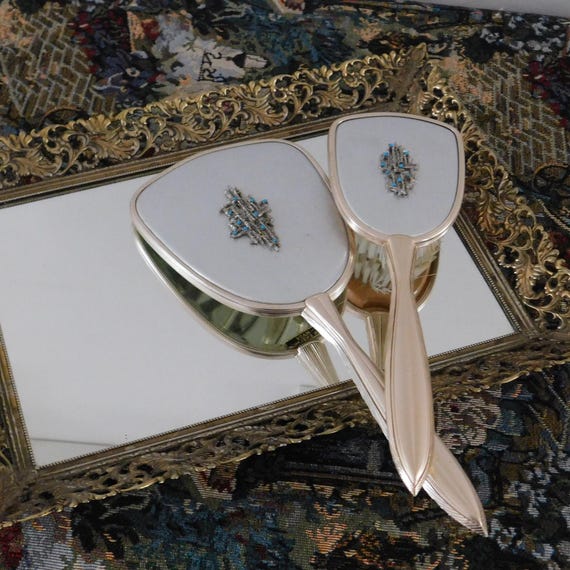 Vintage Vanity Set: Rose Gold Mirror and Brush, Made in England