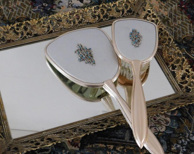 Vintage Vanity Set: Rose Gold Mirror and Brush, Made in England