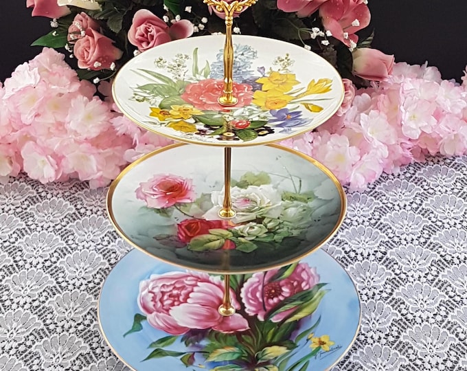Handmade 3 Tier Cake Stand, Unique Floral Tiered Dessert Stand for Afternoon High Tea Parties
