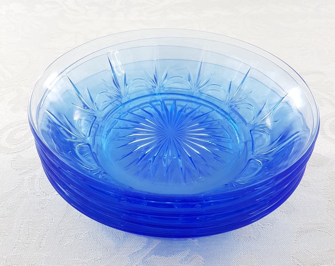Vintage Avon AMERICAN BLUE Glass Cereal Soup Bowls, Set of 4, Starburst Center, Fleur de Lis