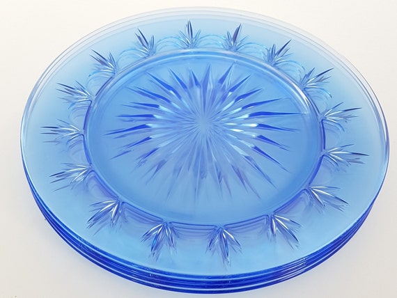 Vintage Avon American Blue Glass Dinner Plates | Fostoria Starburst Fleur De Lis Dishes