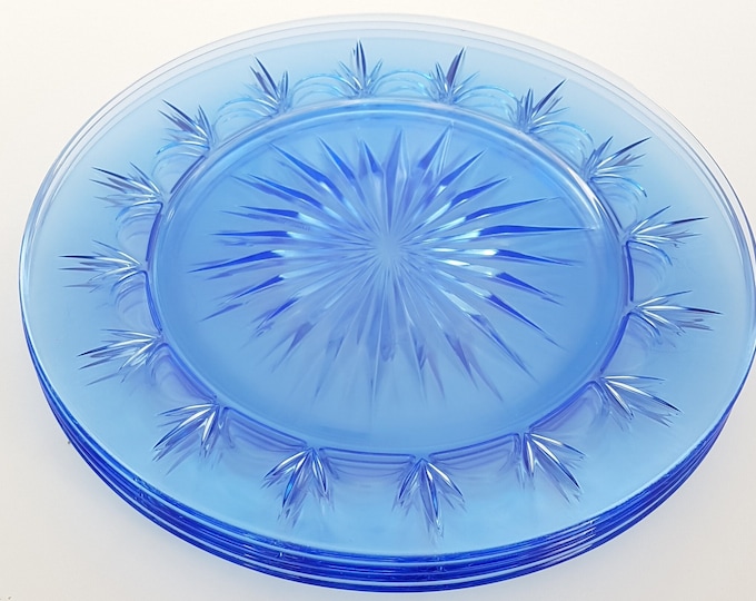 Vintage Avon AMERICAN BLUE Glass Dinner Plates, Set of 4, Starburst Center, Fleur de Lis