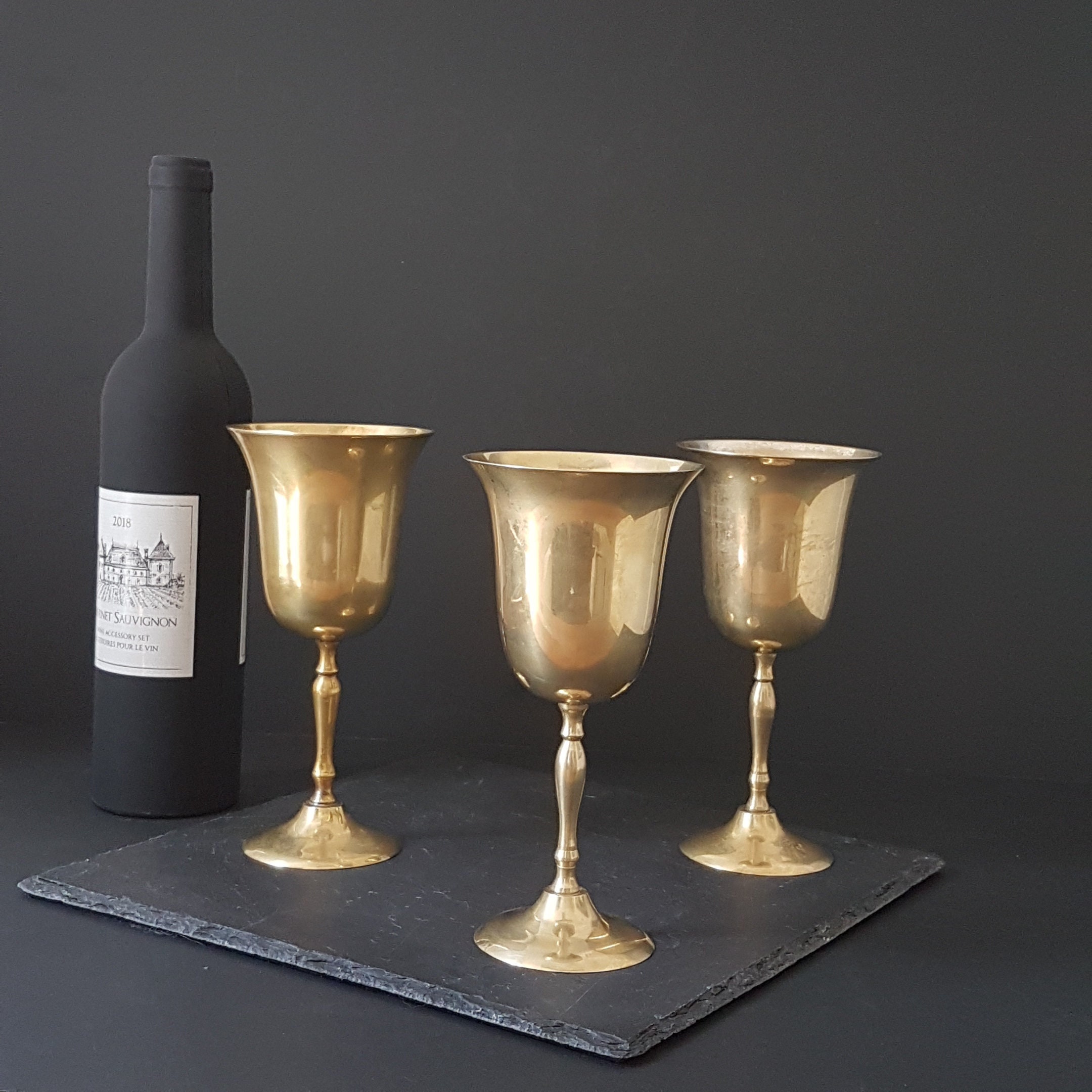 Vintage Brass Wine Goblets, Set of 3, Boho Brass Goblets, 8oz Metal Wine  Glasses, Made in India