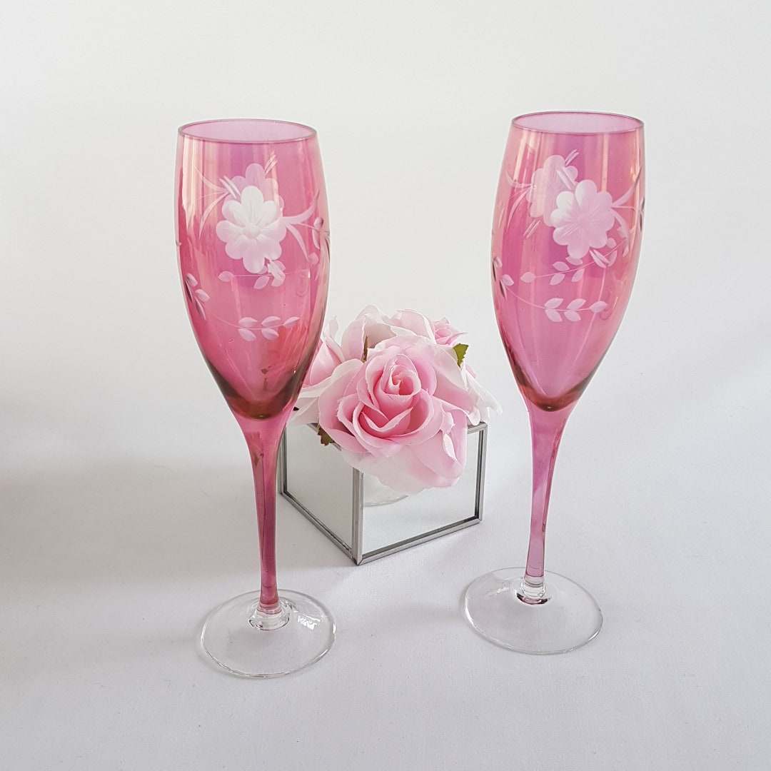 Vintage Pink Champagne Glasses, Set of 2, Pink Cut to Clear Crystal