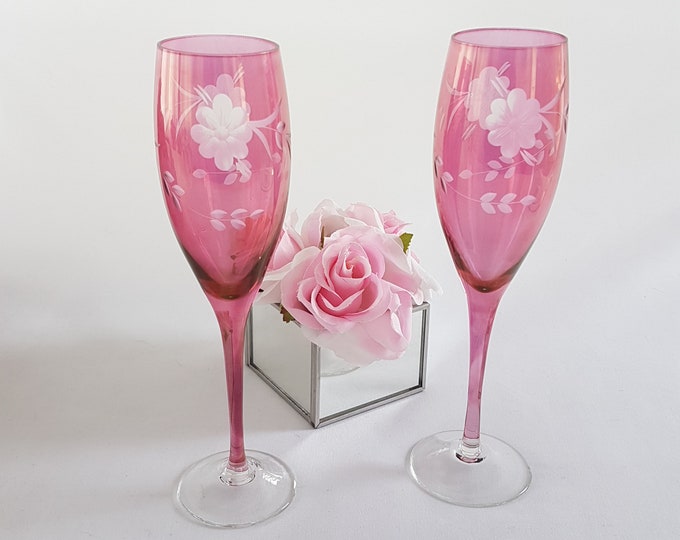 Vintage Pink Champagne Glasses, Set of 2, Pink Cut to Clear Crystal, Etched Flower Leaf Design