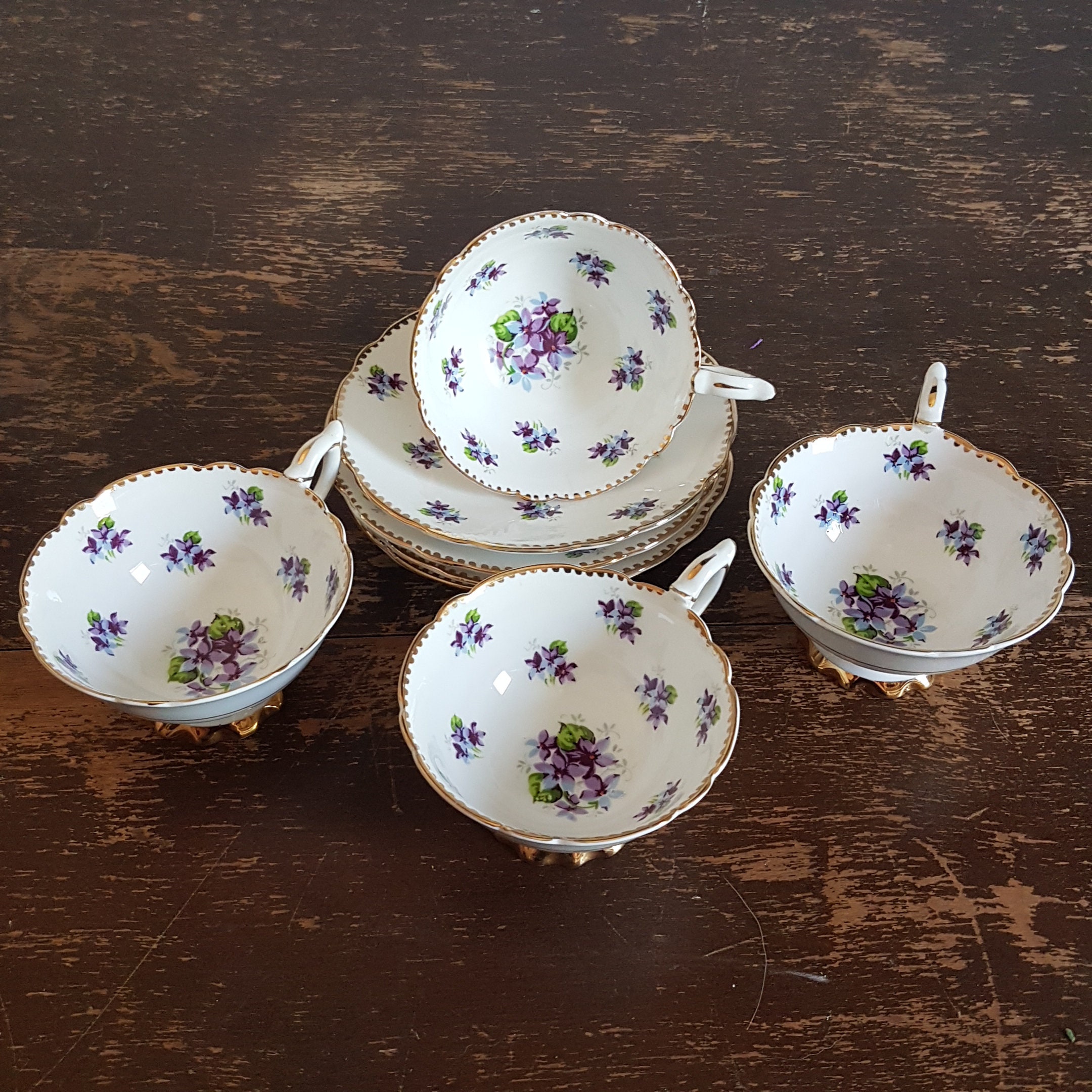 Set of 4 Bone China Tea Cup & Saucer Sets, Royal Stafford SWEET VIOLETS