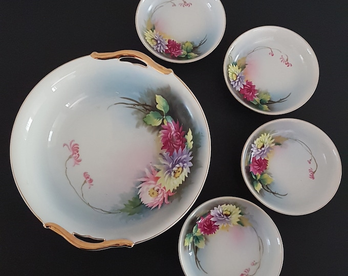 Hand Painted Noritake Japan Porcelain Fruit Bowl with Small Dessert Bowl Set, Hand Painted Pink Yellow Flowers, Antique Serving