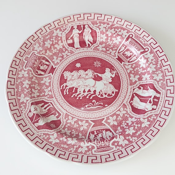 Set of 3 Vintage 1944 Copeland Spode Greek Red Dinner Plates Cranberry Red Transferware